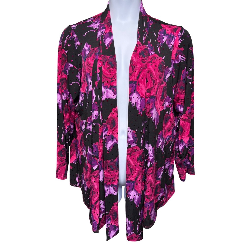 SUSAN GRAVER Womens Pink Floral Glitter Open Front Cardigan 1X Layering Draped